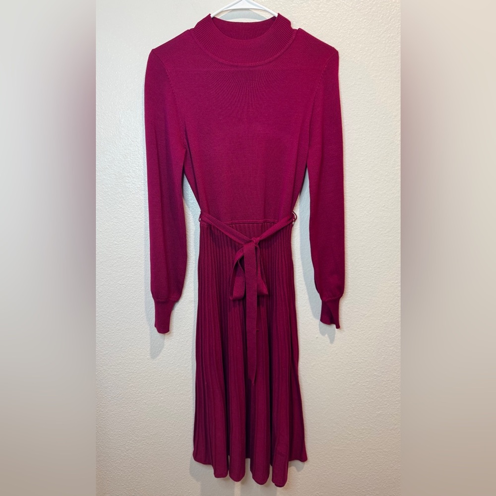 Nina Leonard New Rayon Balloon Sleeve Pleated Midi Sweater Dress Burgundy Size S